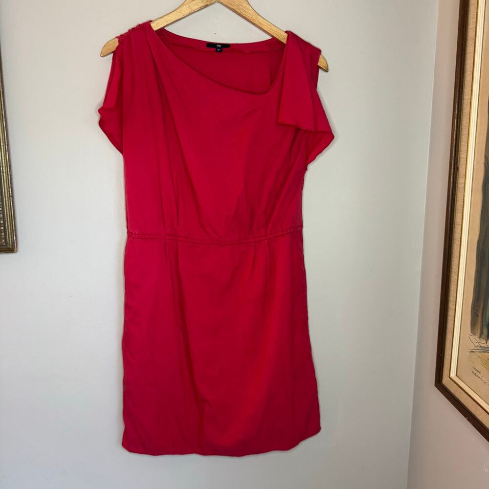 Gap Red Asymmetric Ruffle Shoulder Elastic Waist Sheath Dress Pockets Size 6
